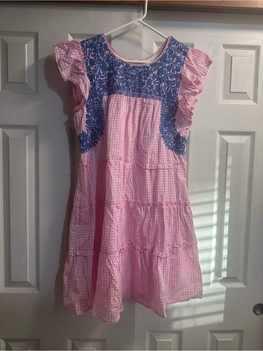 Pink Gingham Mini Dress with Blue Embroidered Yoke